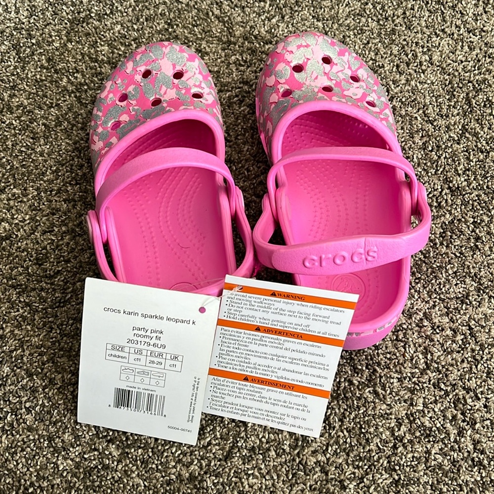 NWT Size c11 Girls Crocs Karin Sparkle Leopard (Party Pink)